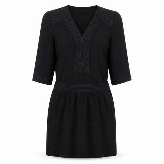 Front view of Miss Captain women’s black geometric polyester kaftan, size UK 12, v-neck pullover