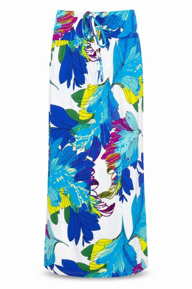 Front view of Jasmine women’s white floral polyester maxi, size M, off the shoulder drawstring