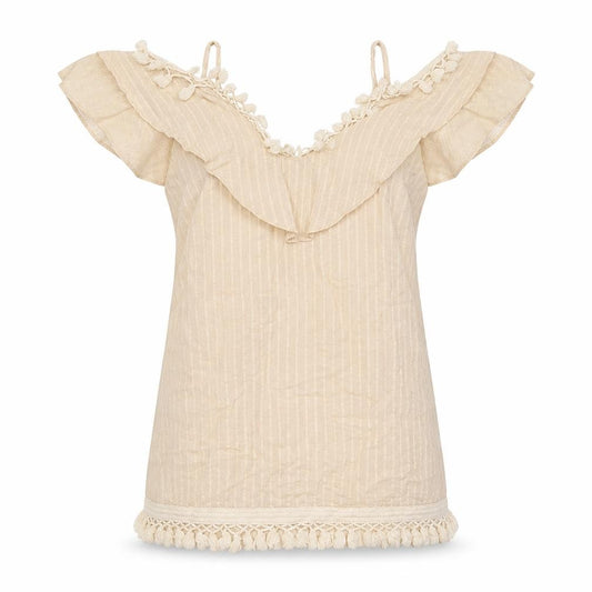 Front view of Indikah women’s beige striped 100% cotton basic tank, size XS, v-neck