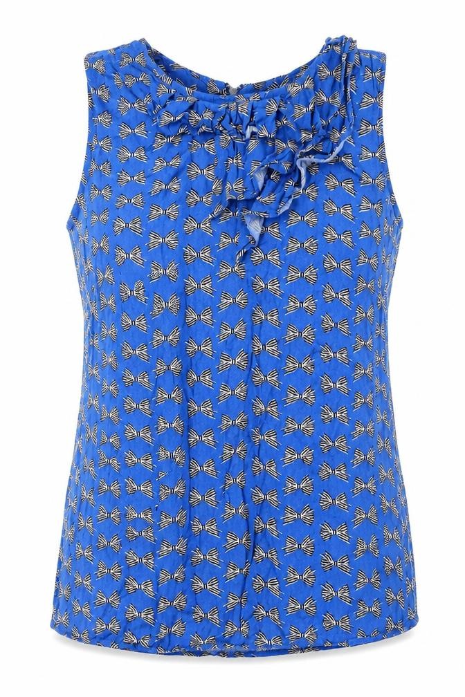 Front view of Oasis women’s blue geometric viscose basic tank, size UK 10, round neck - bow print