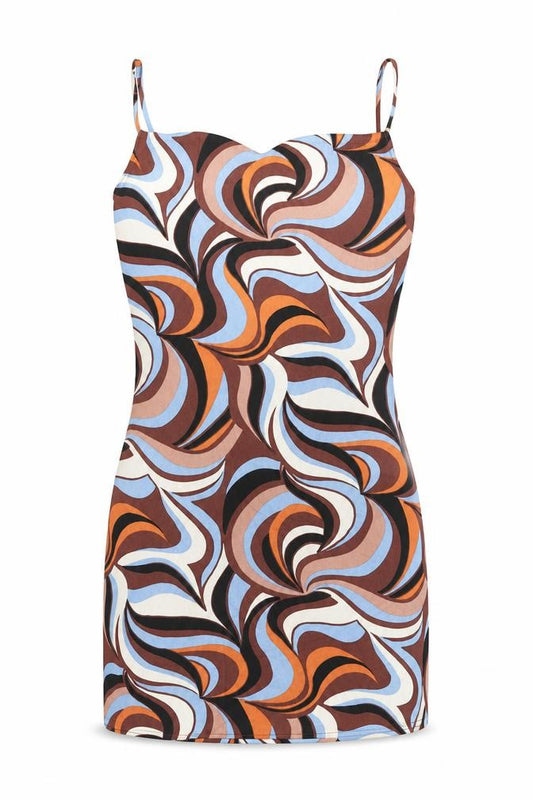 Front view of Primark women’s brown geometric polyester bodycon, size UK 8, cowl neck pullover