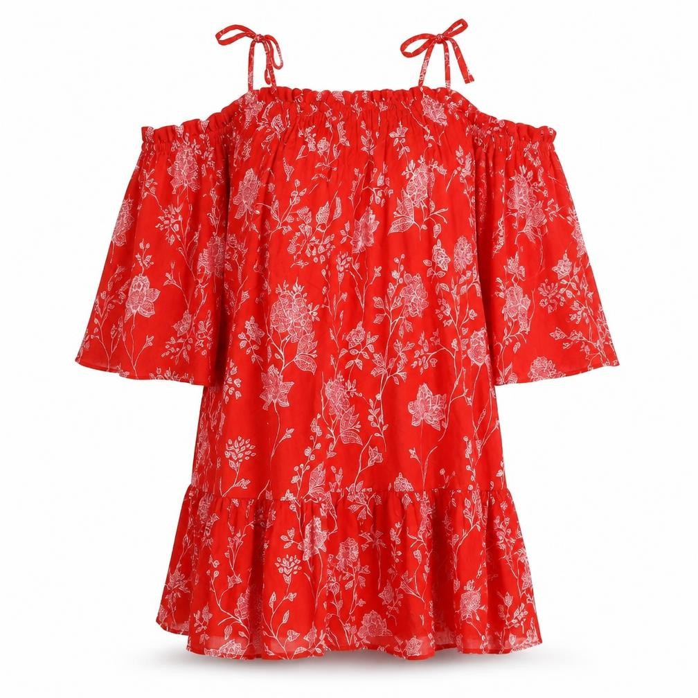 Front view of H&M women’s red floral viscose trapeze & swing, size UK 10, off the shoulder pullover