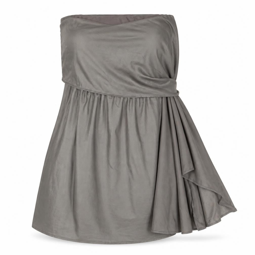Front view of ASOS women’s grey polyester mini, size UK 12, one shoulder pullover