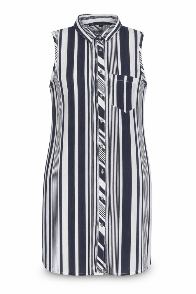 Front view of Debenhams women’s multicoloured striped viscose tunic button-up, size UK 12, v-neck
