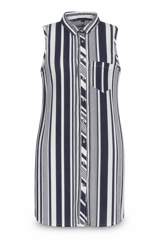 Front view of Debenhams women’s multicoloured striped viscose tunic button-up, size UK 12, v-neck