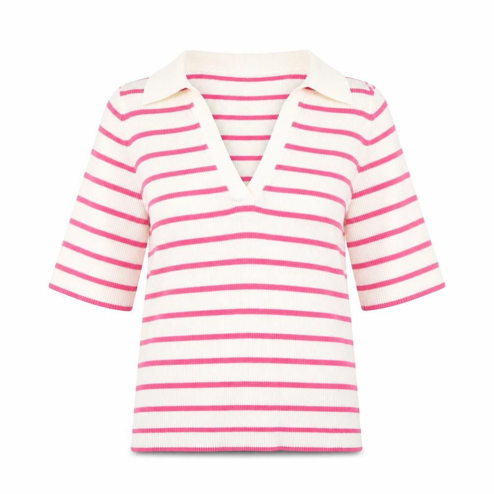 Front view of Marks & Spencer women’s white v-neck striped cotton jumper, size S