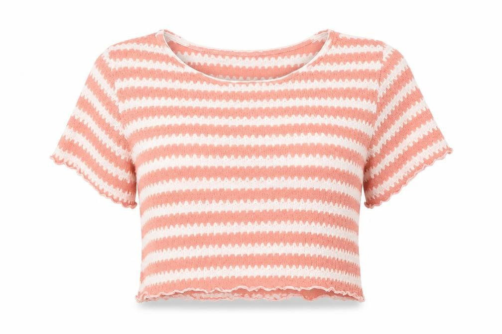 Front view of DAZY women’s pink round neck striped polyester jumper, size XL