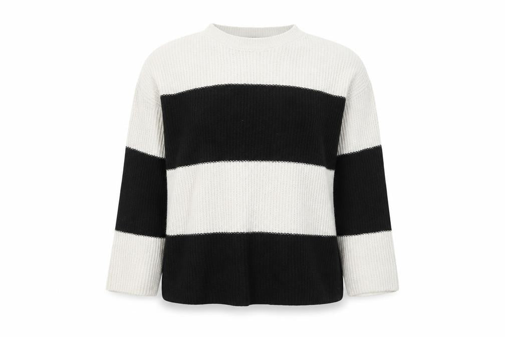 Marks and Spencer Womens Black Round Neck Striped Acrylic Pullover Jumper Size M