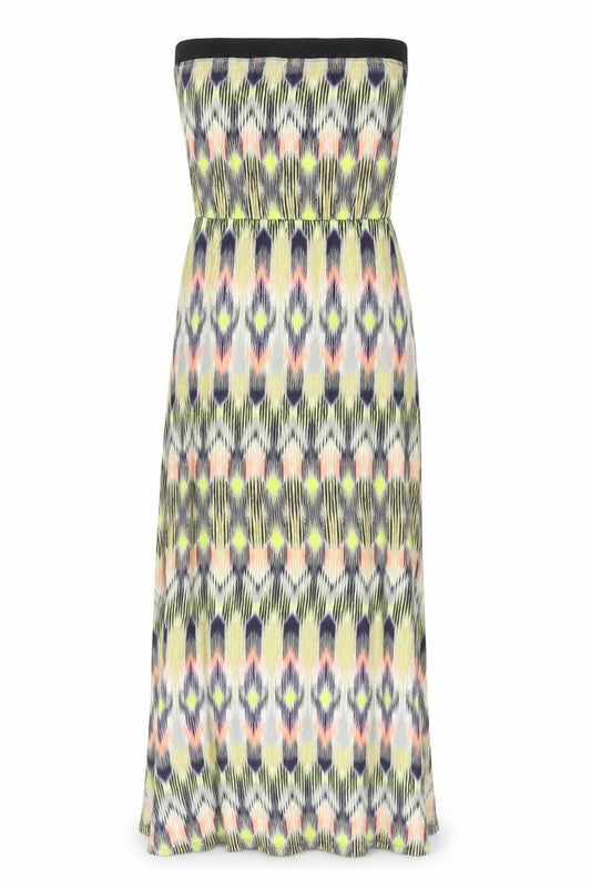 Front view of Warehouse women’s multicoloured geometric viscose maxi, size UK 8, off the shoulder pullover