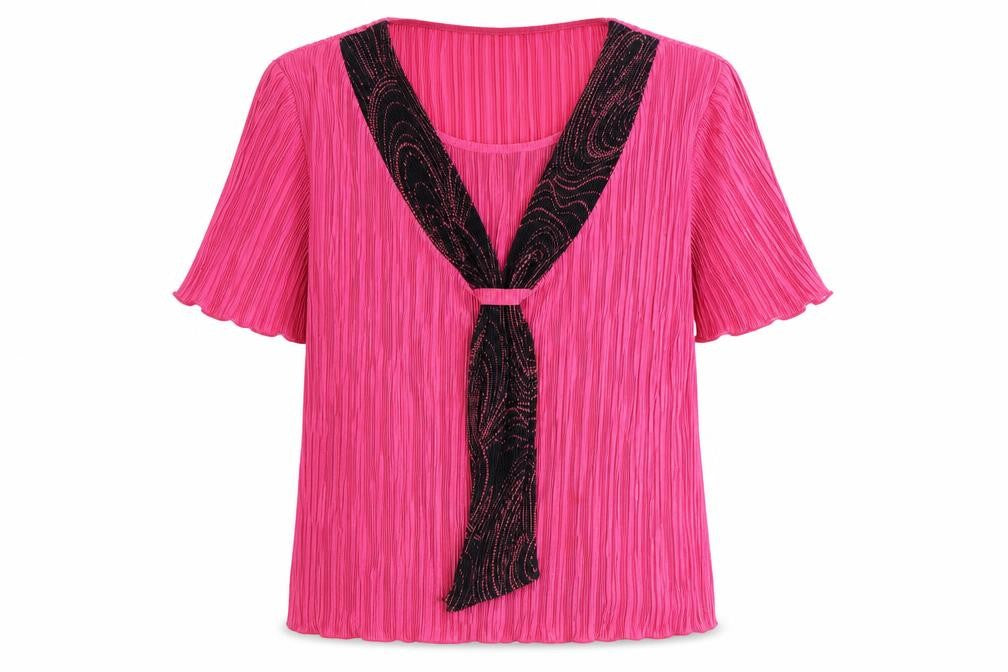 Front view of Kate Lilly women’s pink geometric polyester basic blouse, size UK 16, round neck