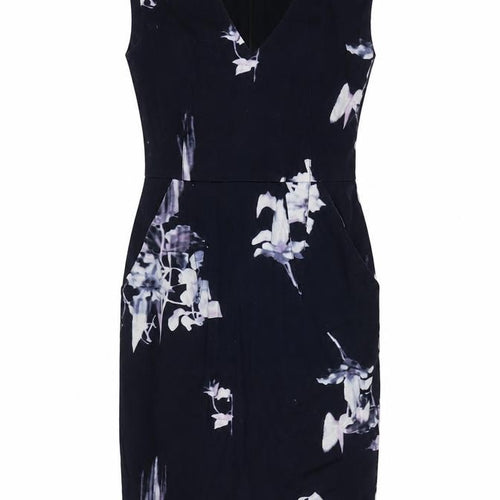 French Connection Womens Blue Floral Cotton A-Line Size 6 V-Neck Zip