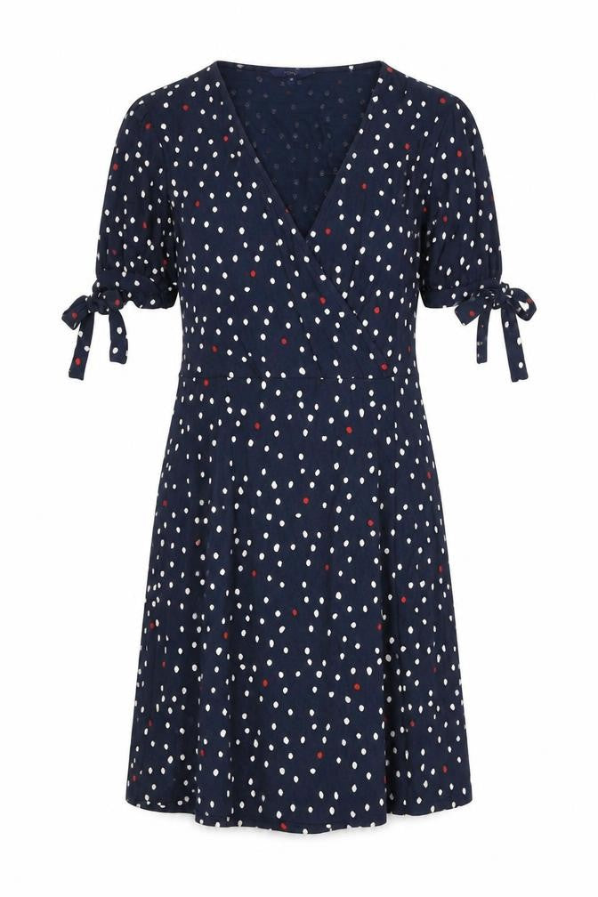 Front view of Next women’s blue polka dot viscose a-line, size UK 10, v-neck pullover