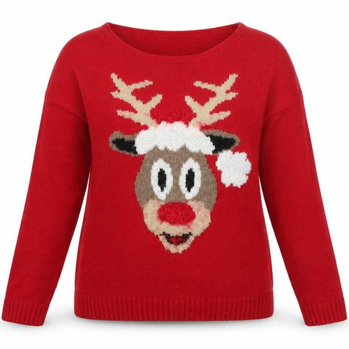 Pura Moda Womens Red Boat Neck Acrylic Pullover Jumper Size S - Reindeer