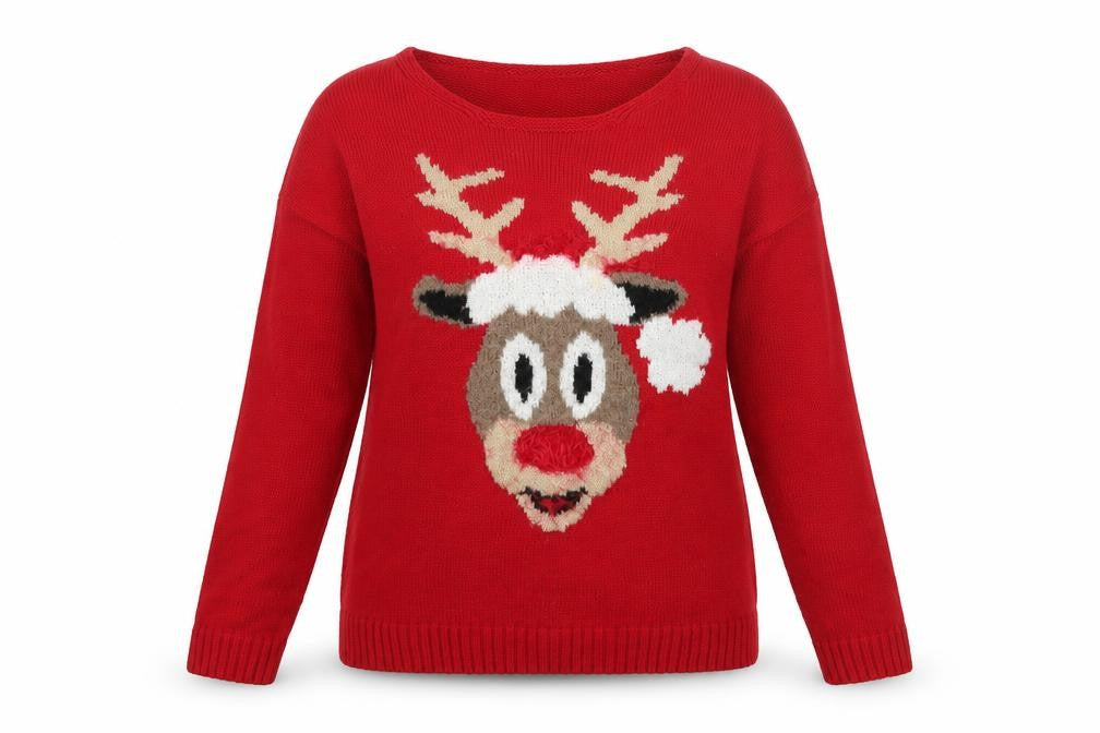 Pura Moda Womens Red Boat Neck Acrylic Pullover Jumper Size S - Reindeer