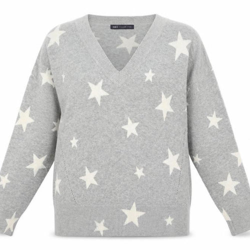 Marks and Spencer Womens Grey V-Neck Geometric Acrylic Pullover Jumper Size S - Star Print