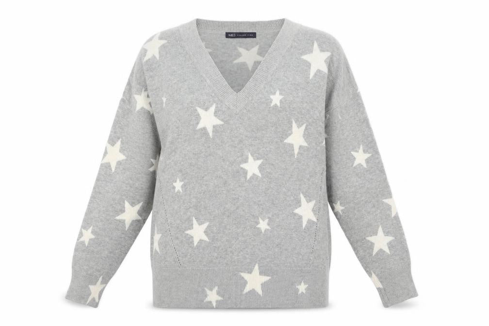 Marks and Spencer Womens Grey V-Neck Geometric Acrylic Pullover Jumper Size S - Star Print