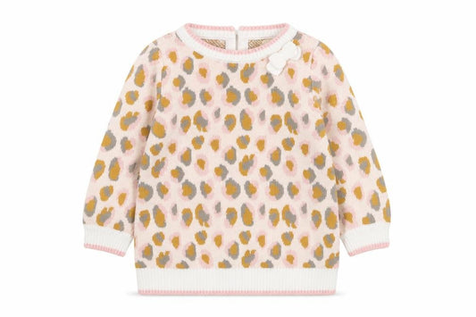 Front view of Cynthia Rowley girls’ pink animal print acrylic jumper, size 3-6, months pullover