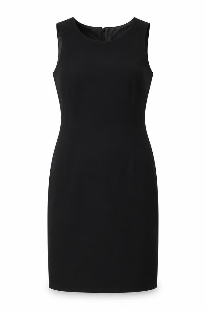 Front view of Suit Studio women’s black polyester a-line, size UK 10, scoop neck zip