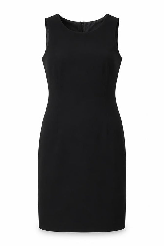 Front view of Suit Studio women’s black polyester a-line, size UK 10, scoop neck zip