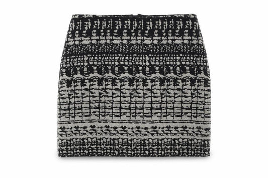 Front view of Marks & Spencer women’s black geometric cotton bandage skirt, size UK 8, zip