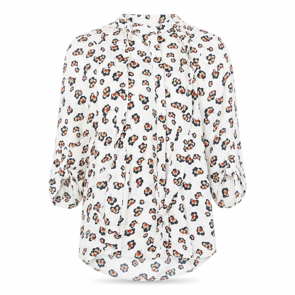 Front view of Dorothy Perkins women’s white geometric viscose basic button-up, size UK 8, v-neck