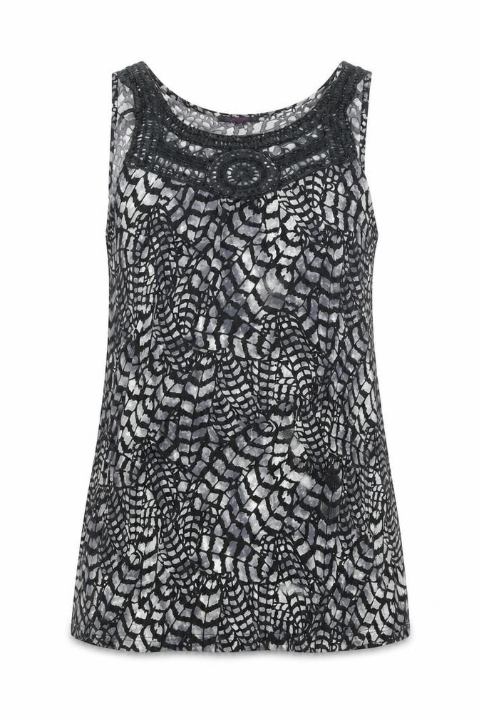 Front view of Lila women’s grey geometric viscose a-line, size UK 12, scoop neck pullover