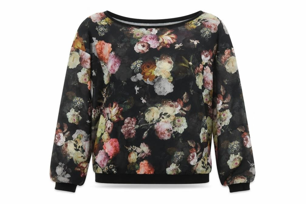 Front view of 2-Bizzy women’s black floral viscose basic blouse, size S, round neck