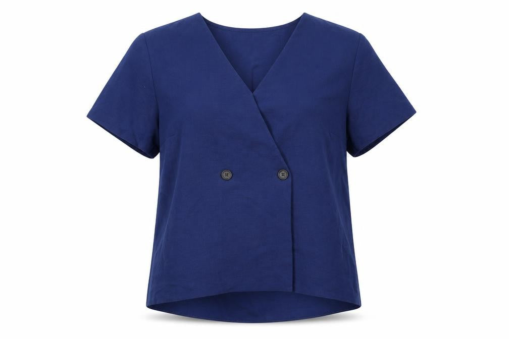 Front view of Tu women’s blue polyester basic blouse, size UK 12, v-neck