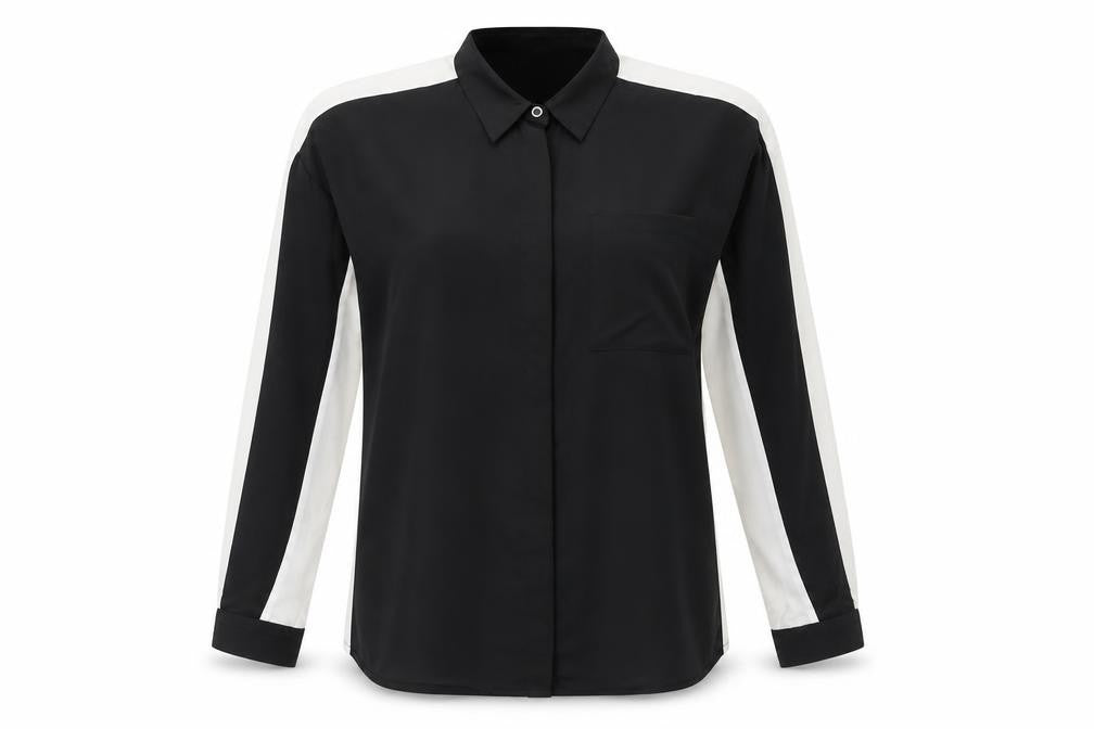 Front view of Cortefiel women’s black geometric viscose basic button-up, size XL, v-neck