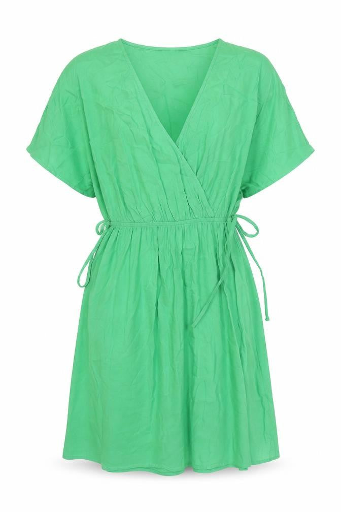 Front view of Marks & Spencer women’s green viscose fit & flare, size UK 6, v-neck pullover