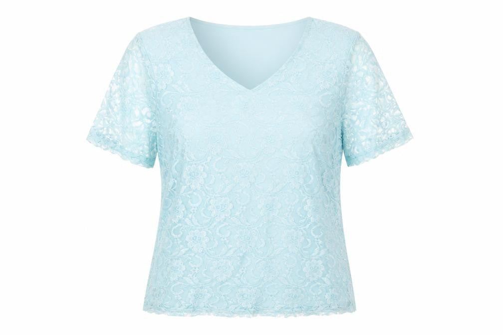 Front view of Damart women’s blue geometric polyester basic t-shirt, size M, v-neck