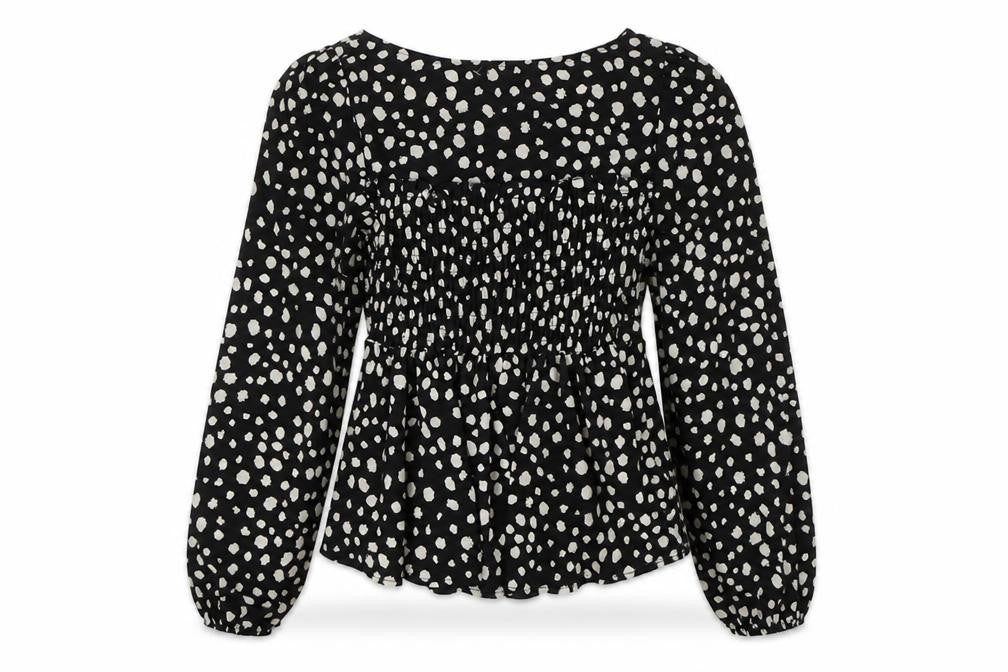 Front view of SHEIN women’s black animal print polyester basic blouse, size S, round neck - dalmatian print