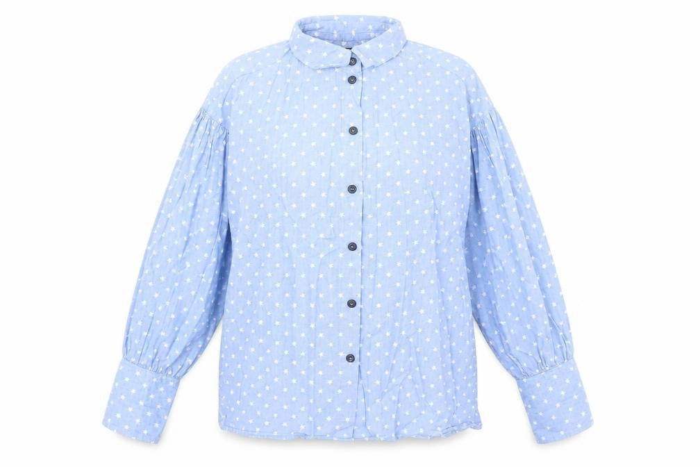 Front view of Topshop women’s blue geometric cotton basic button-up, size UK 6, v-neck - star print