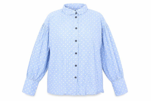 Front view of Topshop women’s blue geometric cotton basic button-up, size UK 6, v-neck - star print