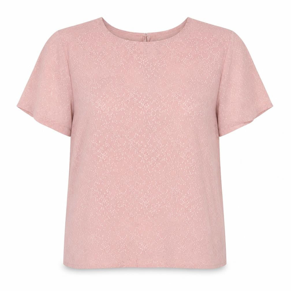 Front view of Pieces women’s pink geometric polyester basic blouse, size M, round neck