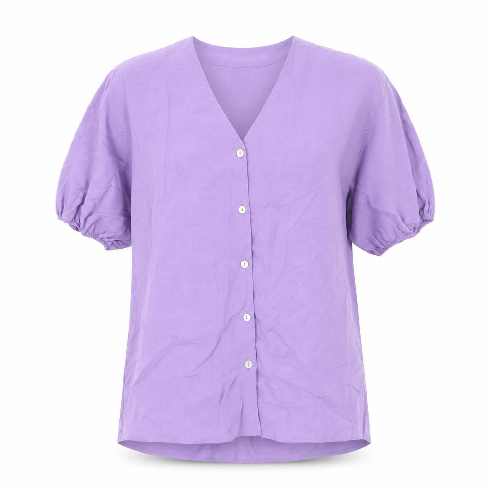 Front view of Autograph women’s purple viscose basic button-up, size UK 6, v-neck