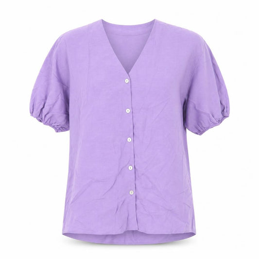 Front view of Autograph women’s purple viscose basic button-up, size UK 6, v-neck