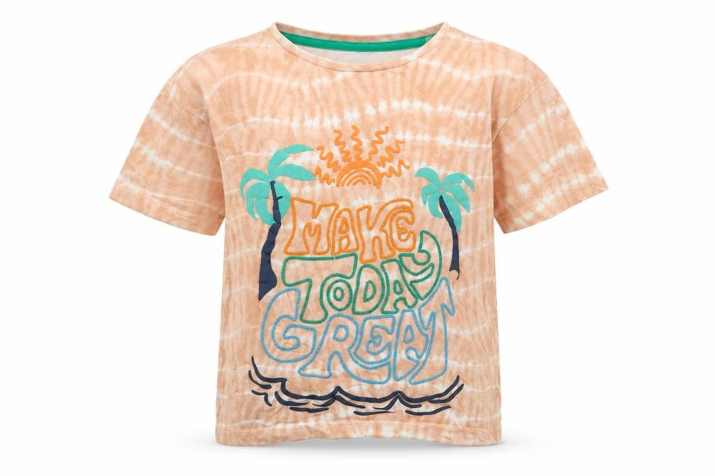 Front view of Primark boys’ orange geometric 100% cotton basic t-shirt, years round neck pullover - make today great