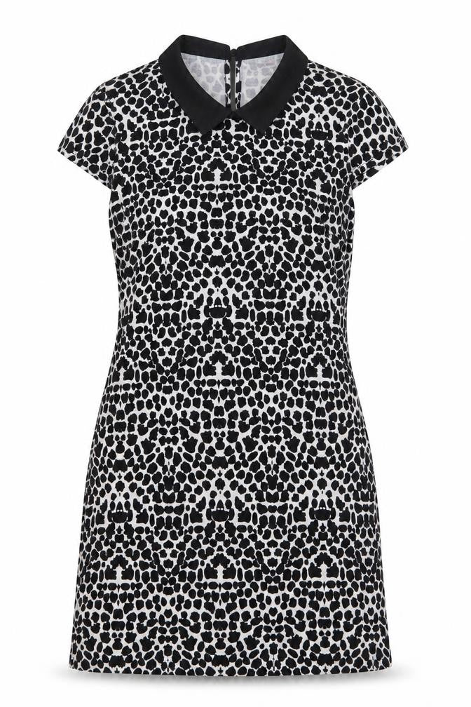 Front view of Dorothy Perkins women’s black geometric polyester a-line, size UK 6, collared button