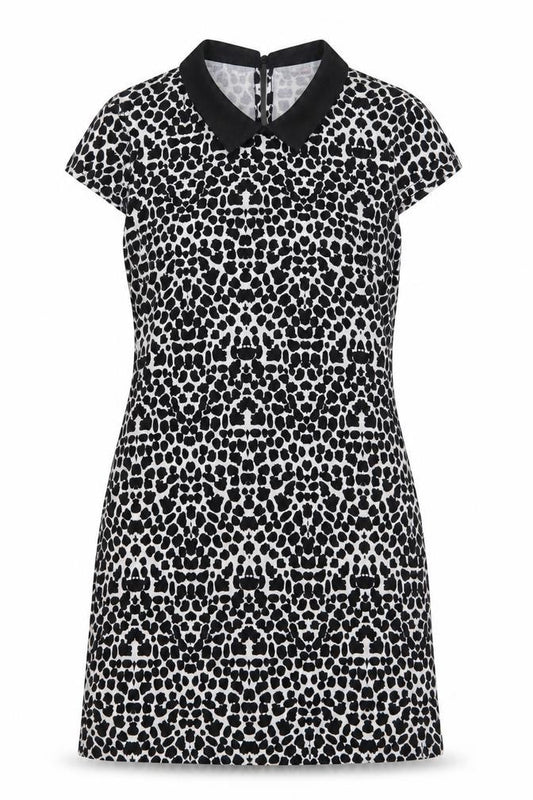 Front view of Dorothy Perkins women’s black geometric polyester a-line, size UK 6, collared button