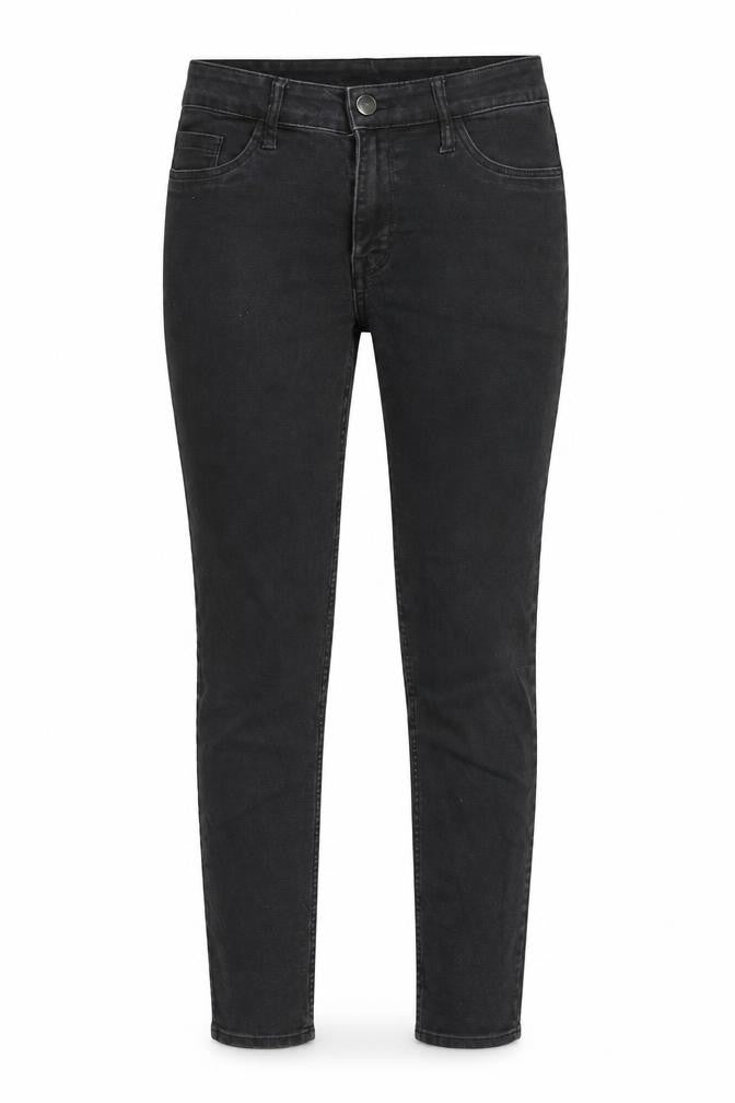 Front view of H&M women’s black cotton straight jeans, size UK 28, in regular button