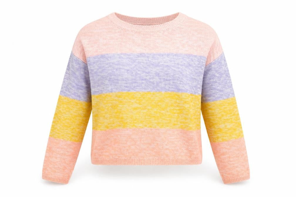 Front view of Primark women’s multicoloured round neck striped acrylic jumper, size XS