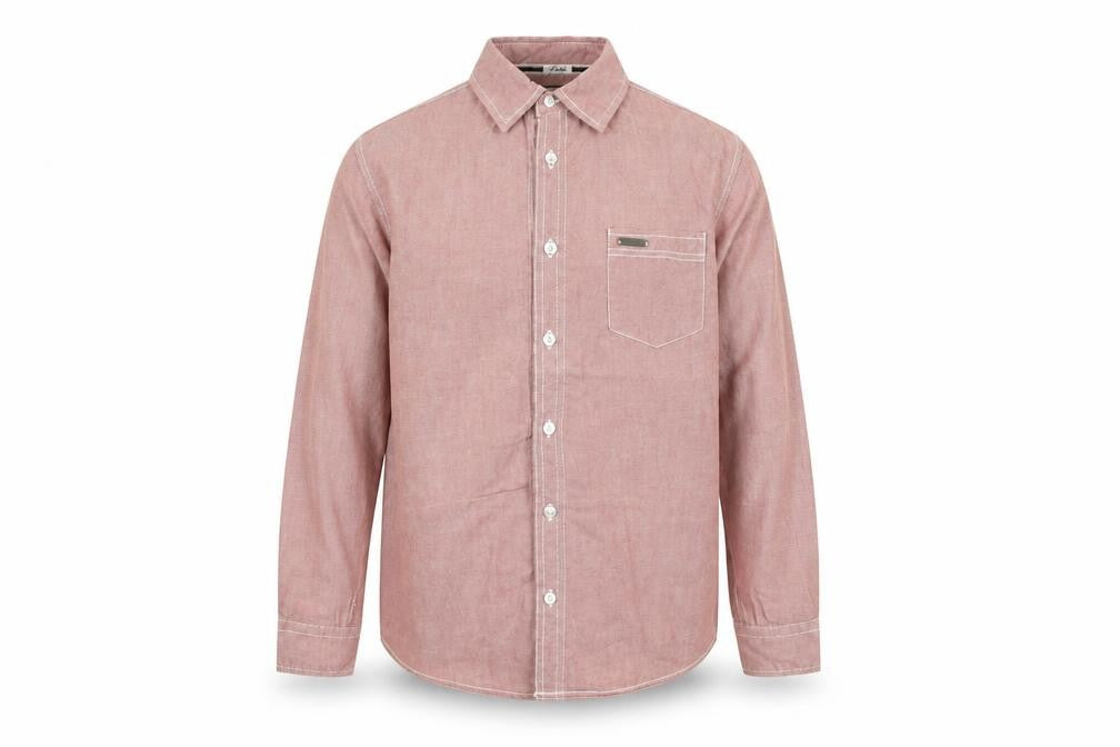 Front view of J Jeans boys’ red 100% cotton basic button-up, size 13, years collared button