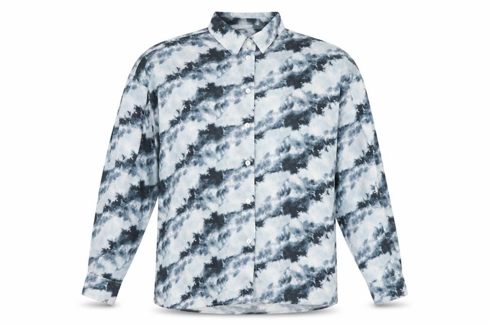 Front view of Boohoo women’s grey geometric polyester basic button-up, size UK 12, v-neck