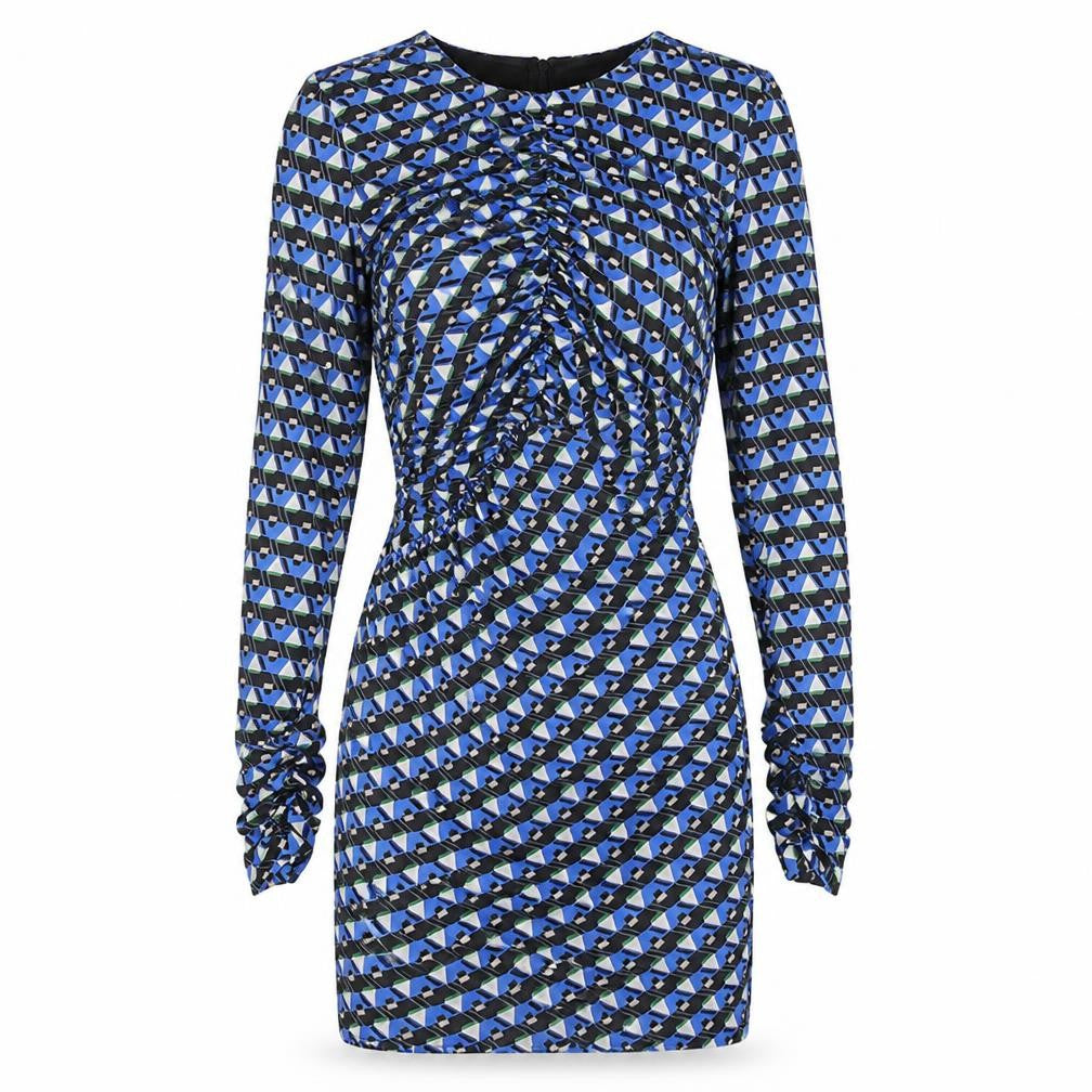 Front view of Zara women’s blue geometric polyester bodycon, size S, round neck zip