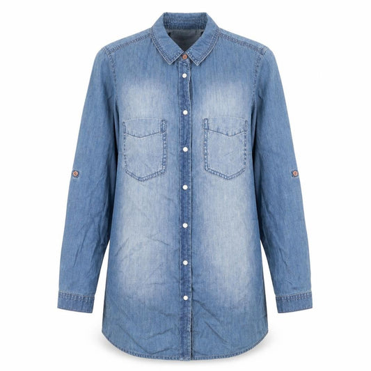 Front view of Capsule women’s blue cotton basic button-up size 2xs v-neck