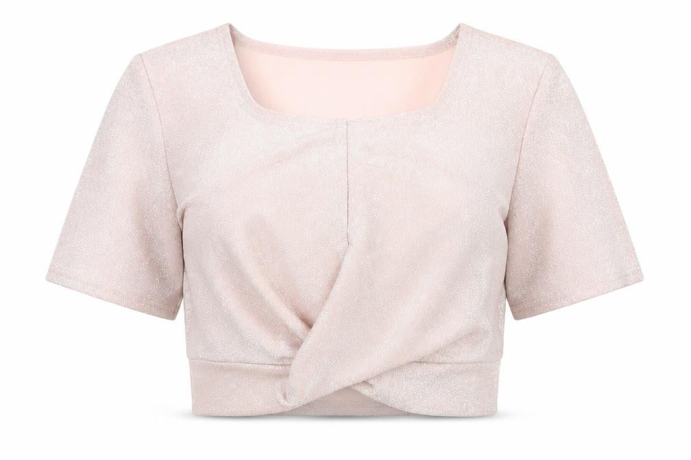 Front view of New London women’s pink nylon basic blouse, size UK 14, square neck - twist detail
