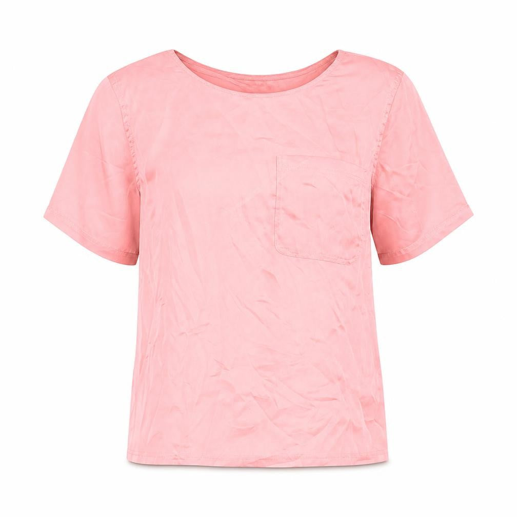 Front view of Warehouse women’s pink polyester basic blouse, size UK 10, round neck
