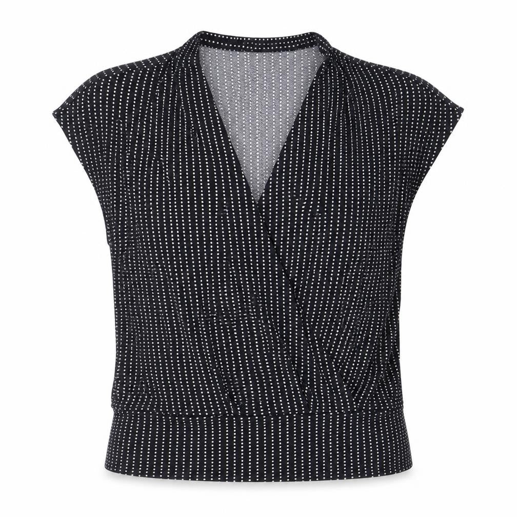 Front view of H&M women’s blue polka dot polyester basic blouse, size M, v-neck