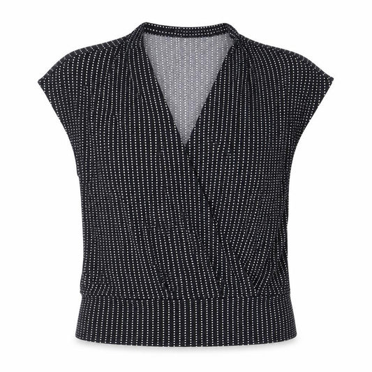 Front view of H&M women’s blue polka dot polyester basic blouse, size M, v-neck